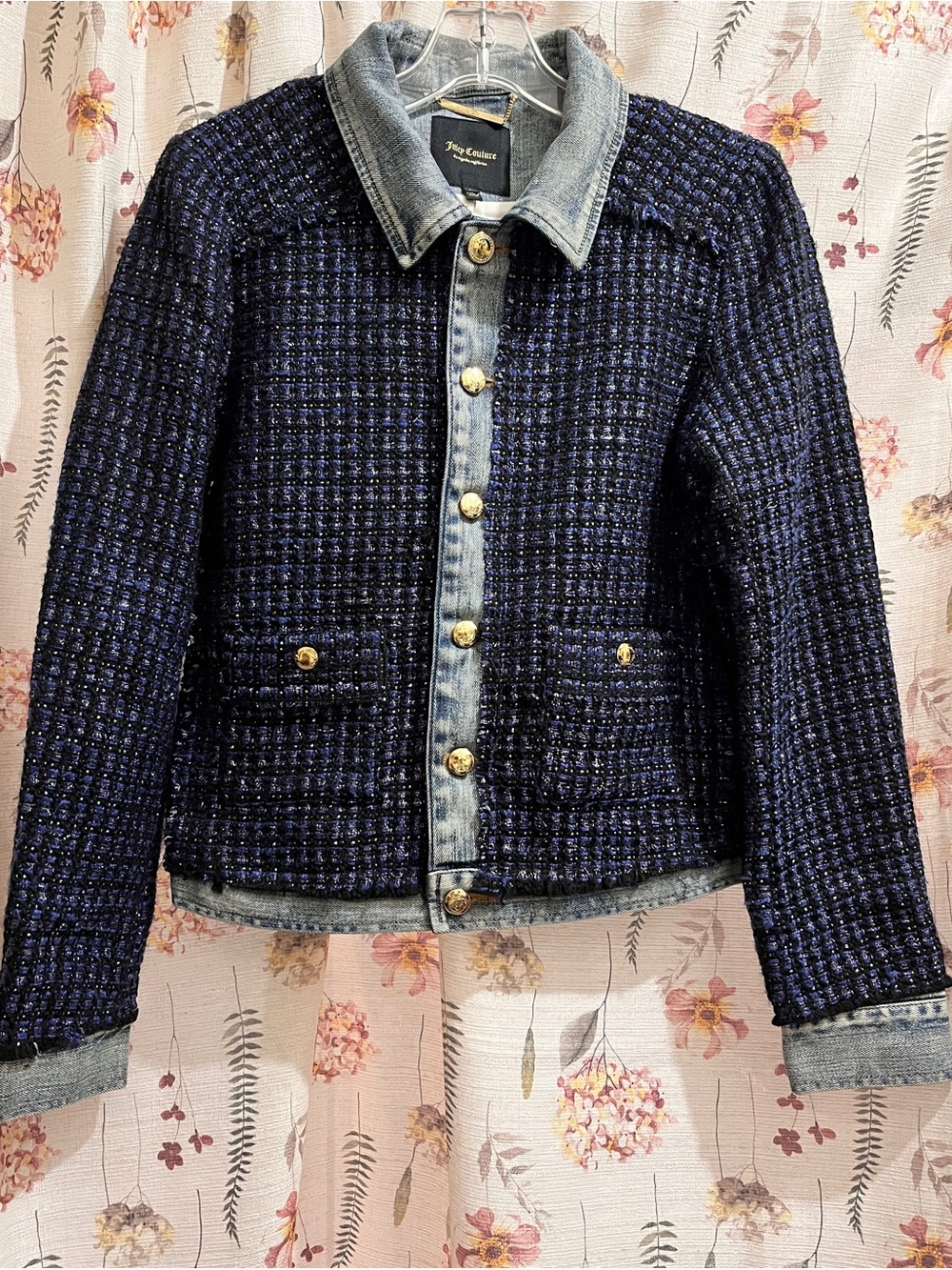 Juicy Couture Navy Tweed Jacket with Denim Trim and Gold Buttons